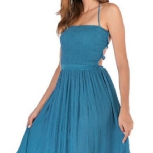 Peacock Blue Maxi Halter Gauze Dress Tiered Long Flowy Bohemian Beach Vacation - Picture 8 of 14